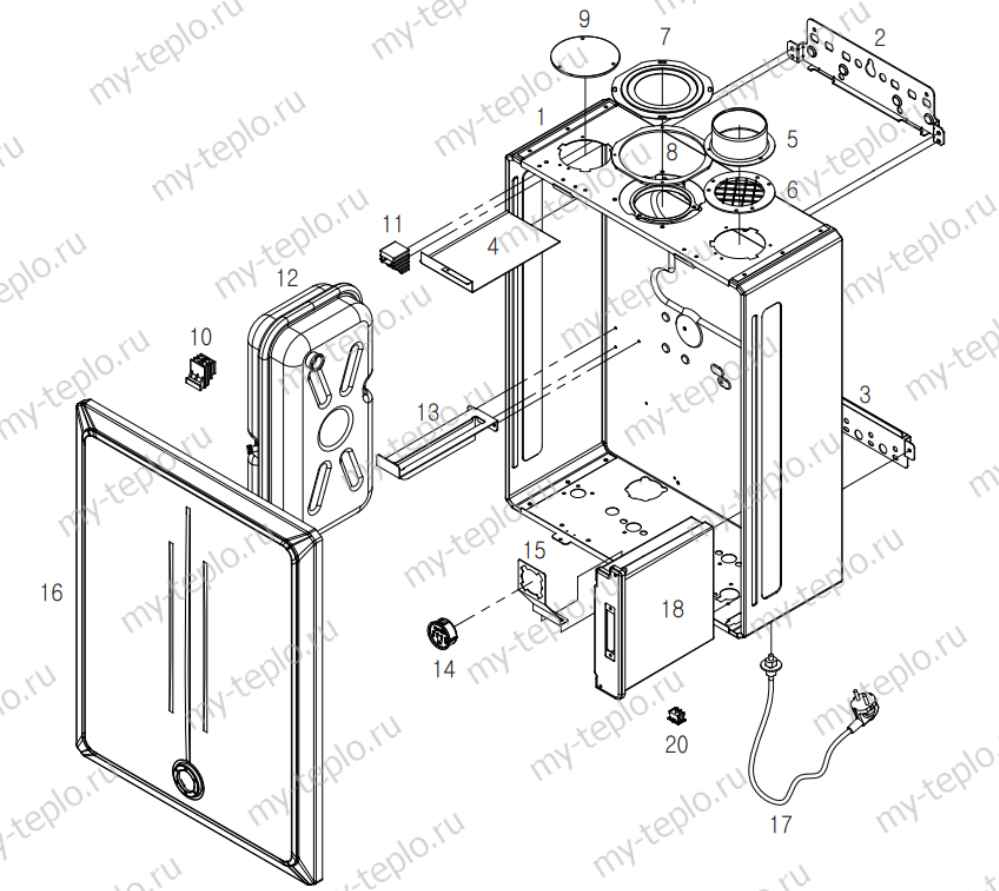 Схема корпуса настенный котел Daewoo DGB 160 MSC запчасти купить в Курске